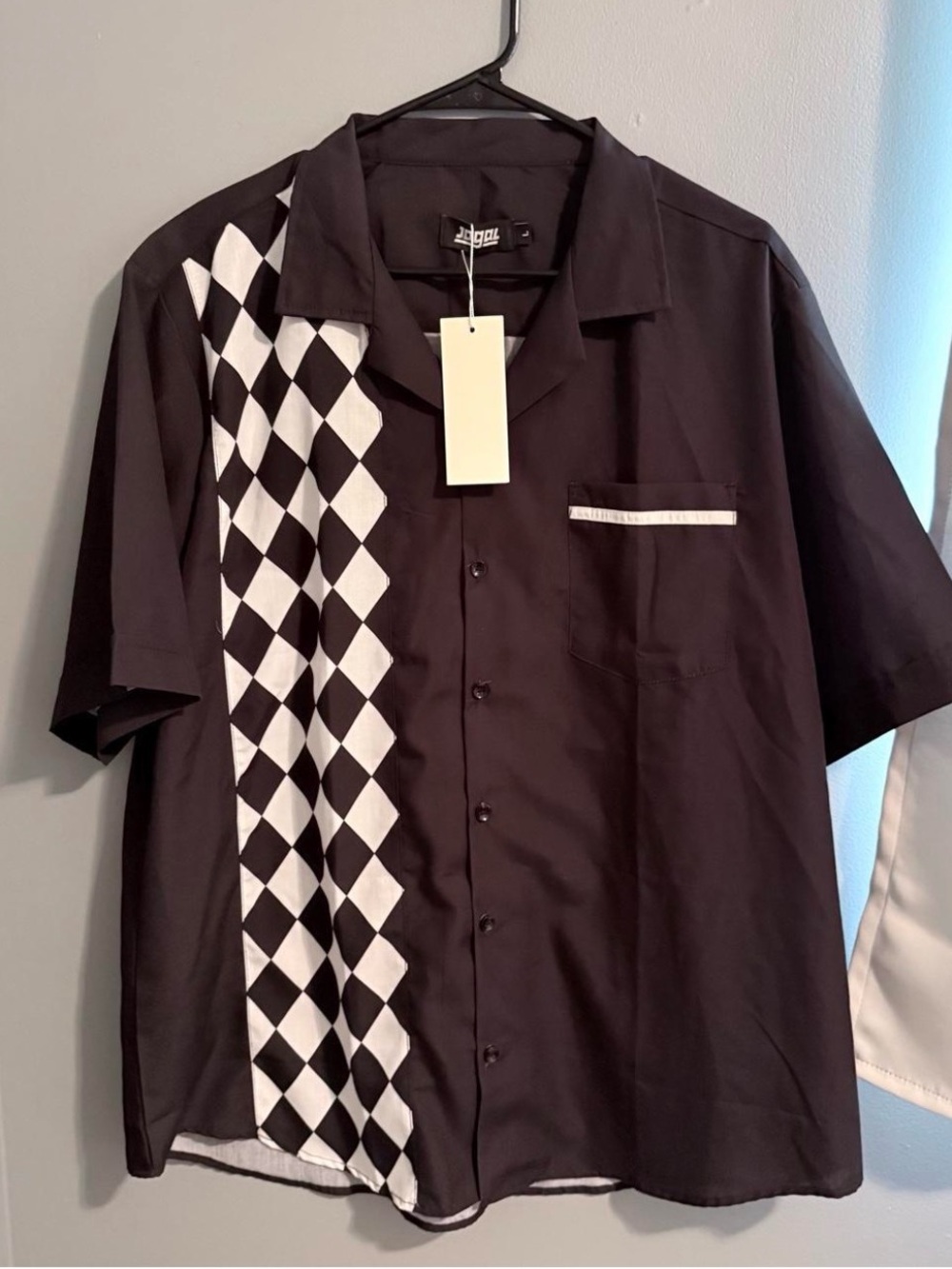Jogal Black Short-Sleeve Button downShirt with White Diamond Panel - Size L -NWT